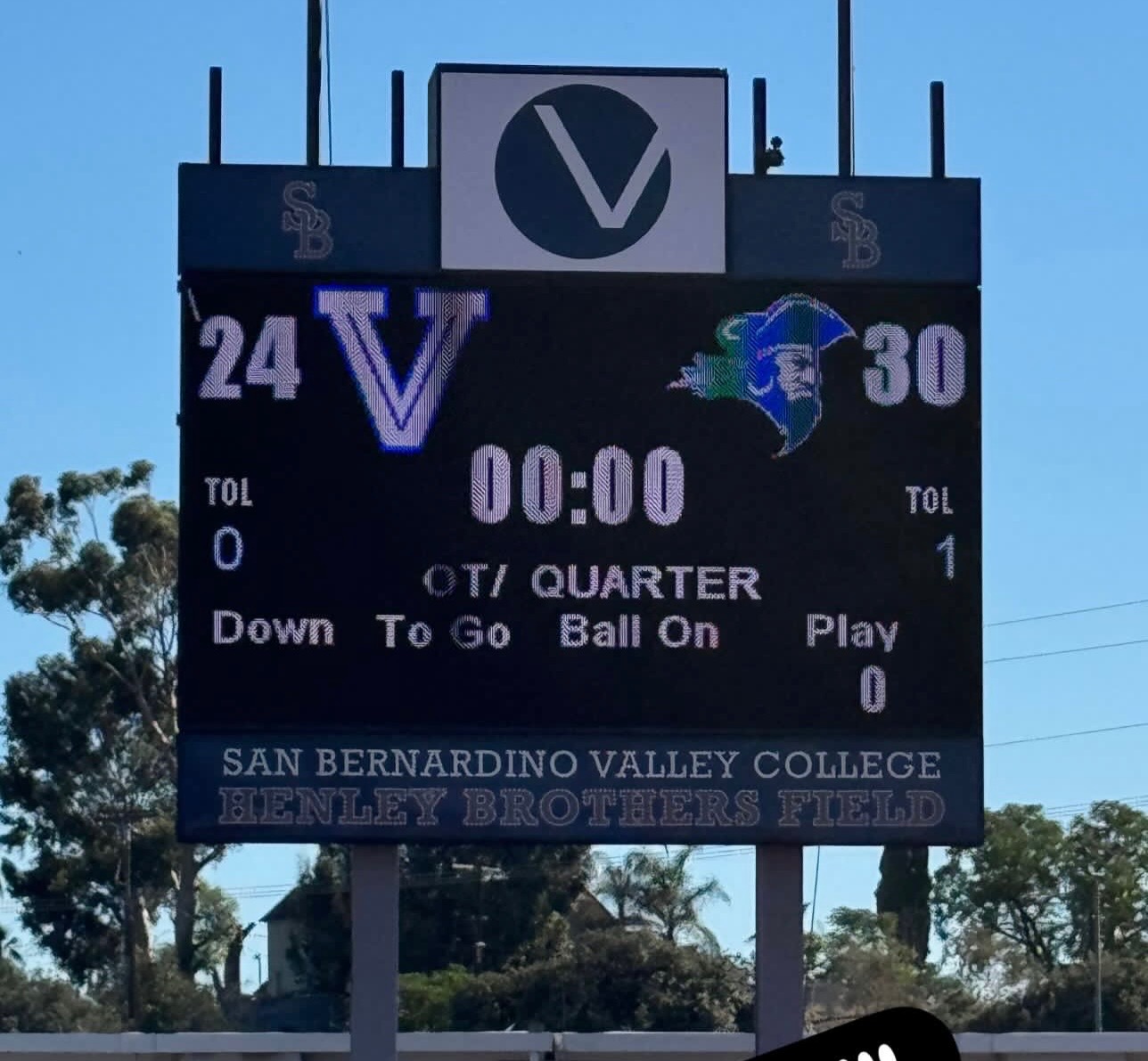San Bernardino Valley College Scoreboard. The time shows 0:00 left in the game with the score SBVC 24 and SMC 30.