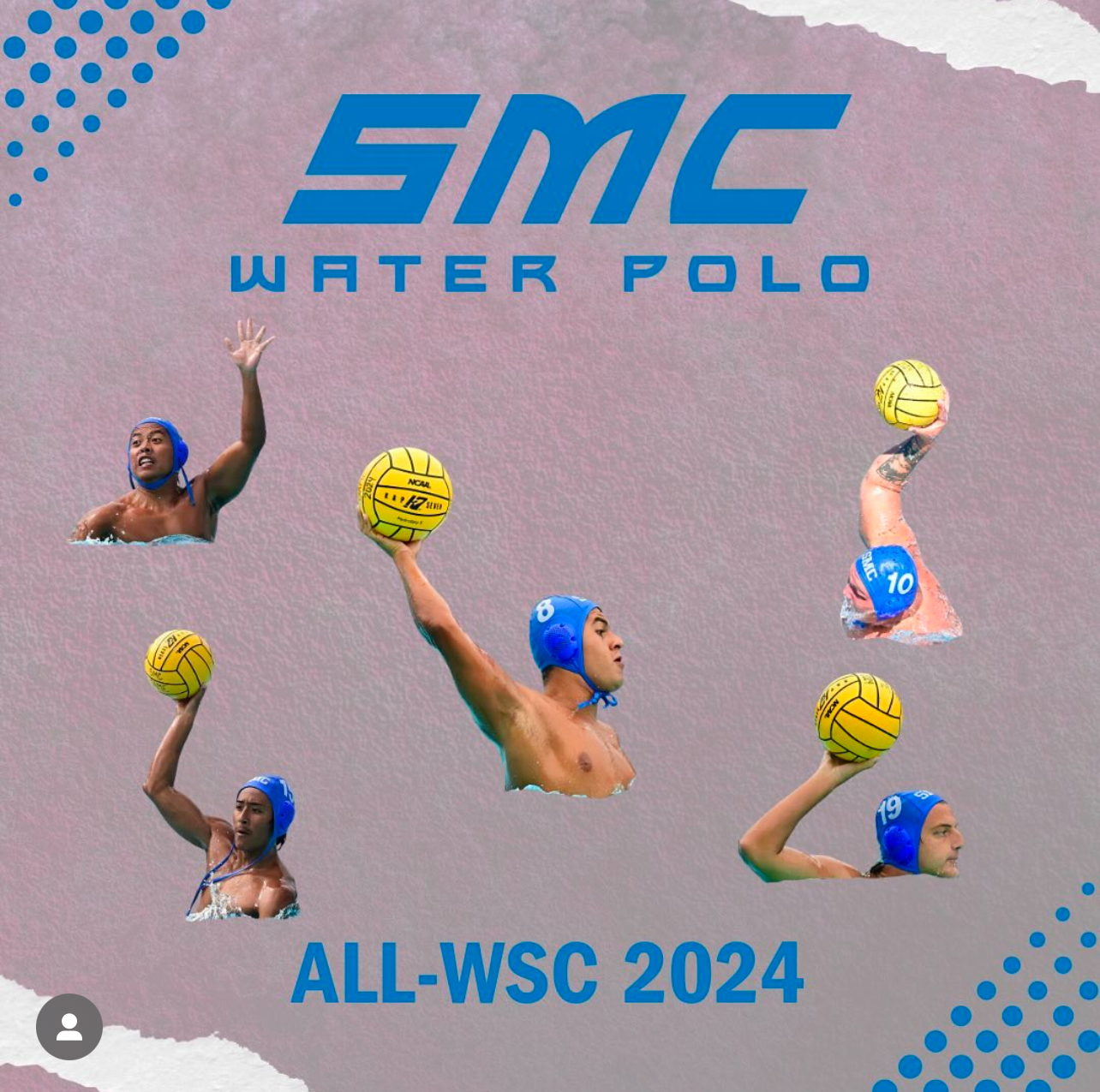 A flyer style graphic with 5 men's water polo players reaching out of the water. It read's SMC Water Polo ALL-WSC 2024