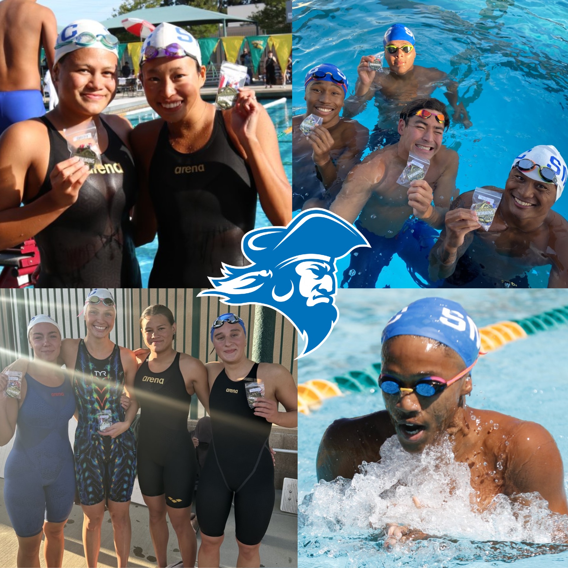 4 pictures with SMC swimmers holding medals from the championships and a Corsair head logo at the center of the picture.