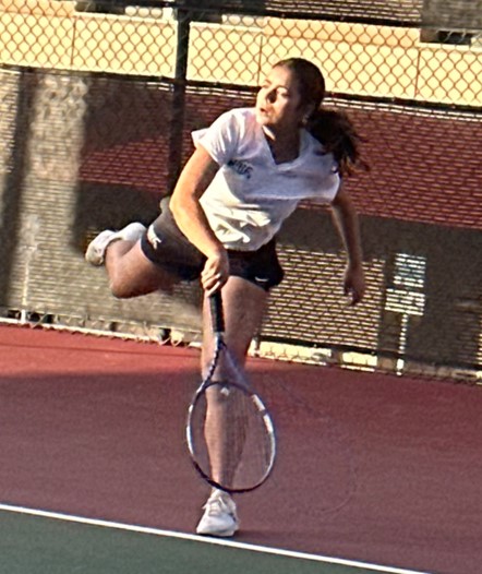 Valentina Polo served a net-cord ace at match point for a 6-4, 6-4 win at #3 singles.  Polo’s win was the 5th team point and clinched the match for the Corsairs.